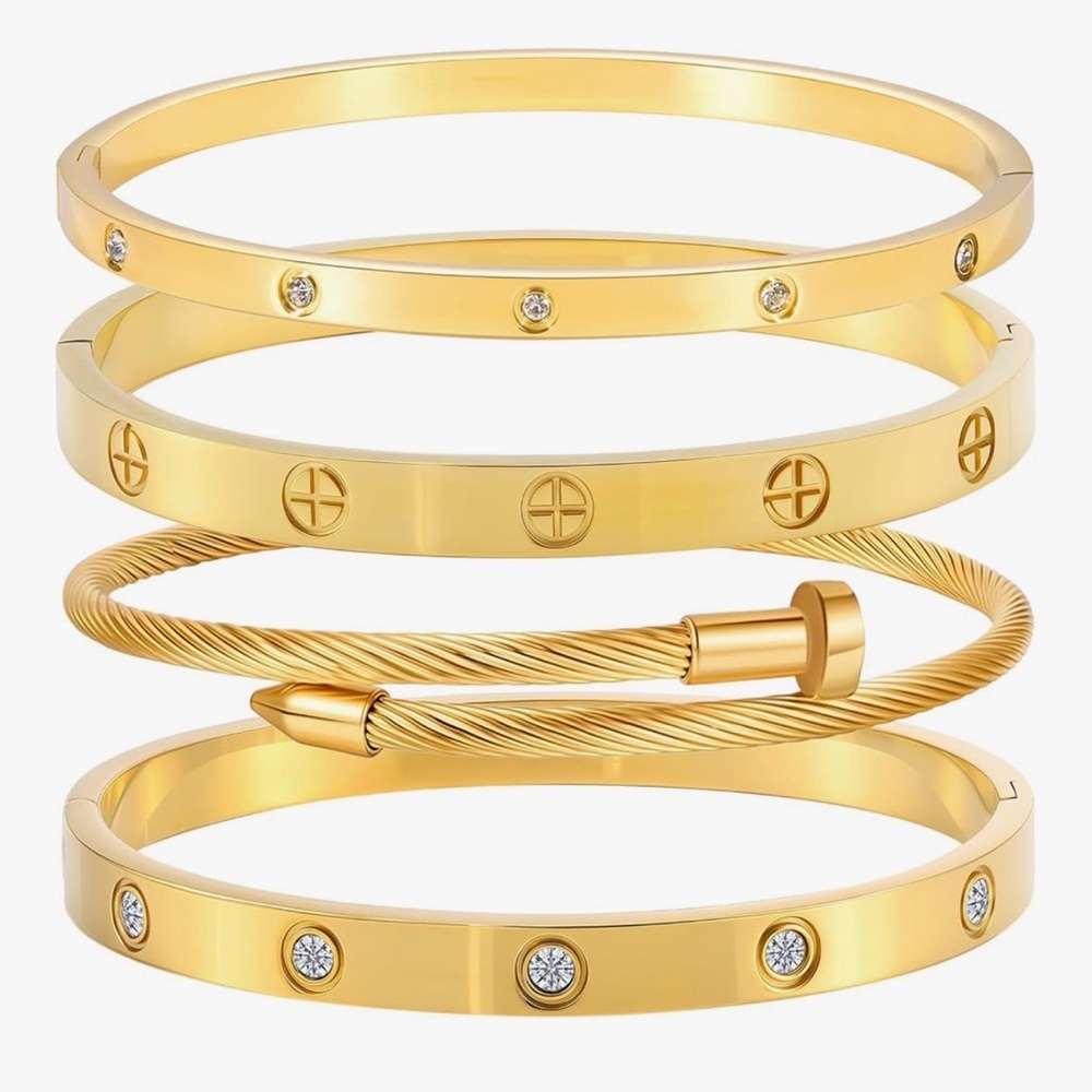 4 Piece Gold Hypoallergenic Stainless Steel Love Bangle Bracelet Set